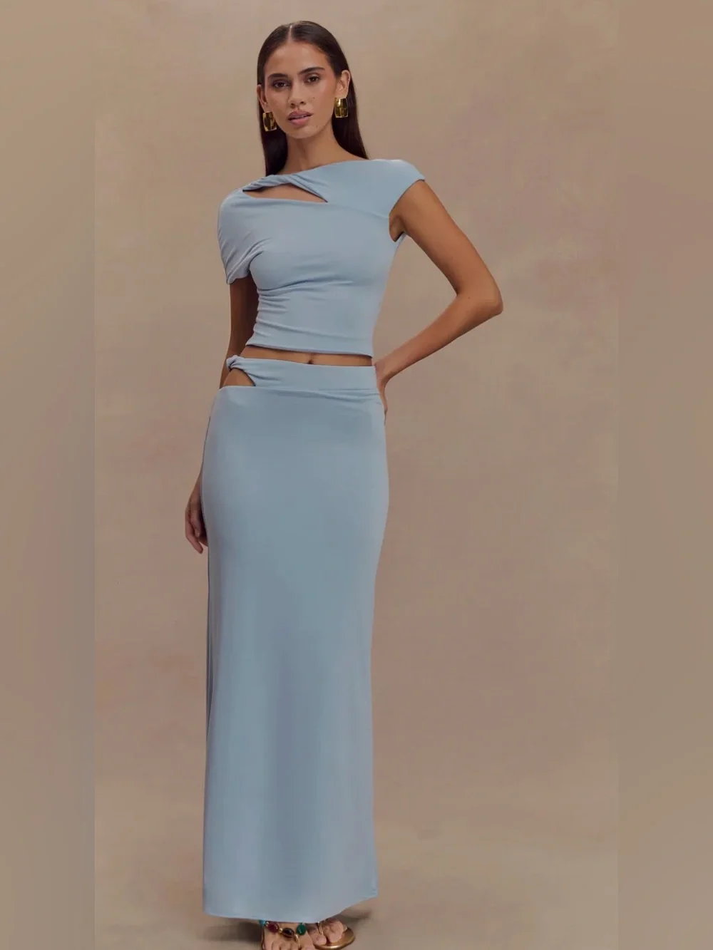 MESHKI Light Blue Cutout top and maxi skirt